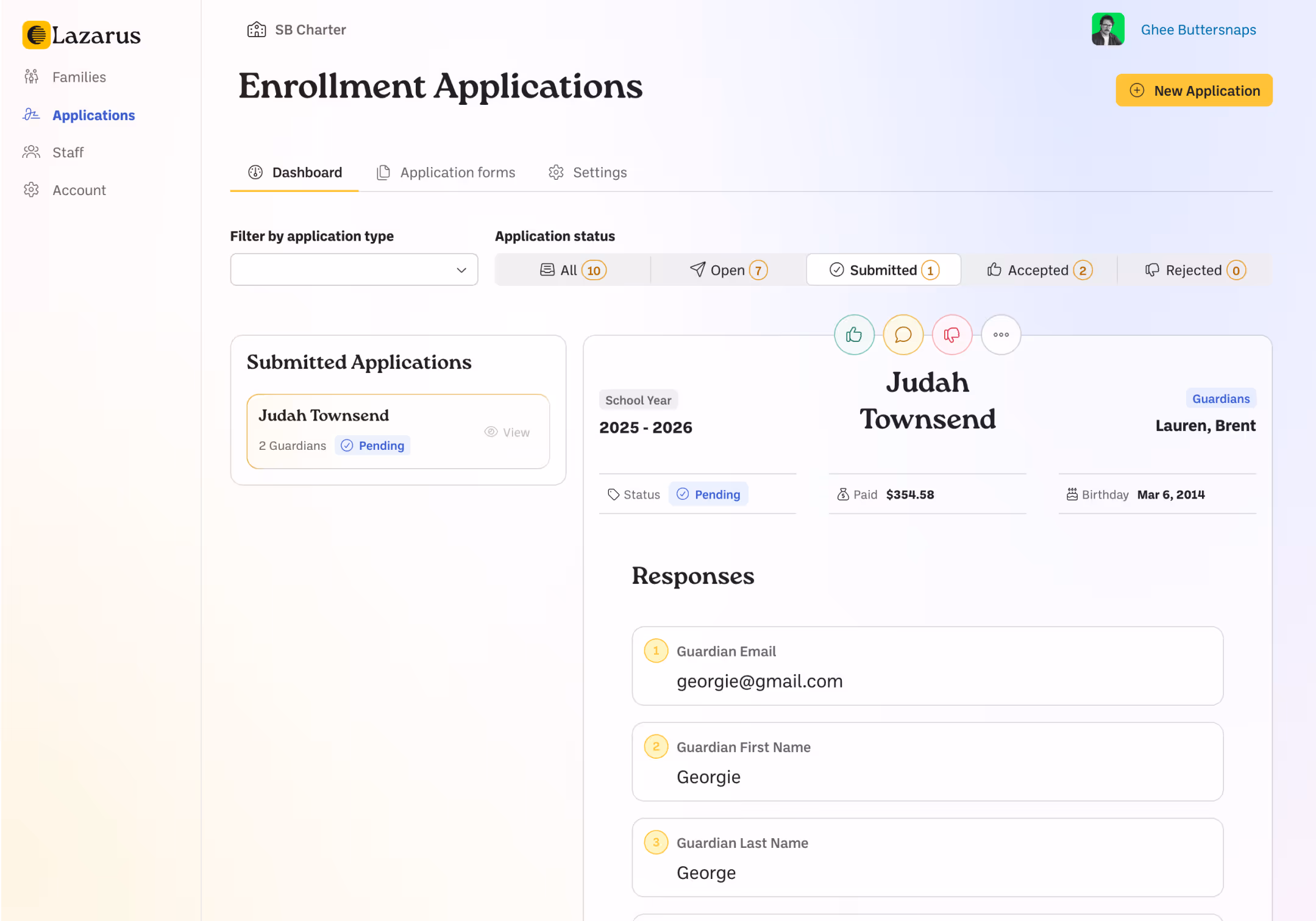 Enrollment applications dashboard in Lazarus